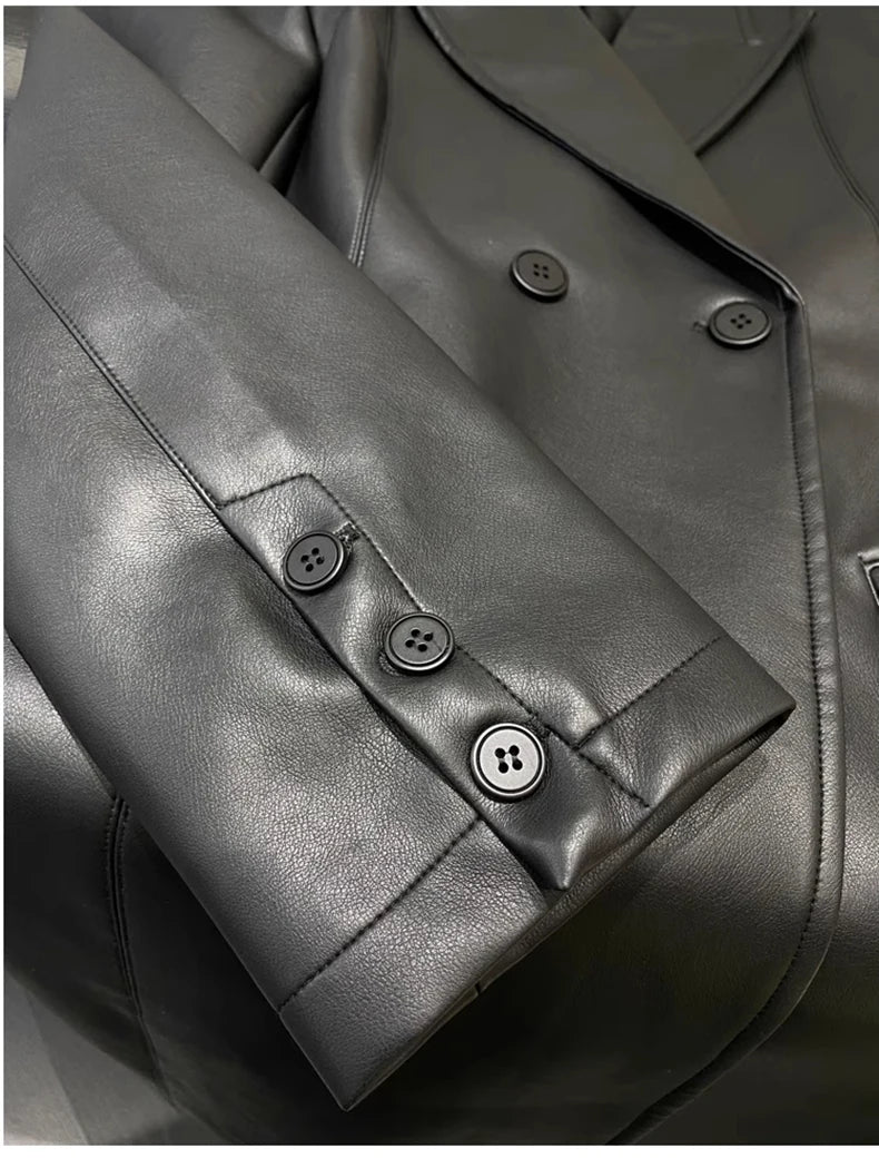 Autumn Extra Long Black Trench Coat for Women Shoulder Pads Faux Leather Blazer