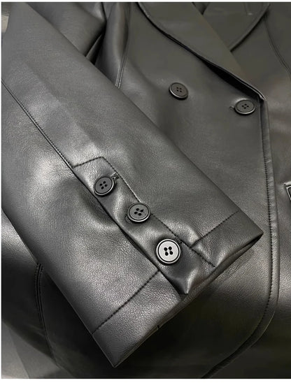 Autumn Extra Long Black Trench Coat for Women Shoulder Pads Faux Leather Blazer