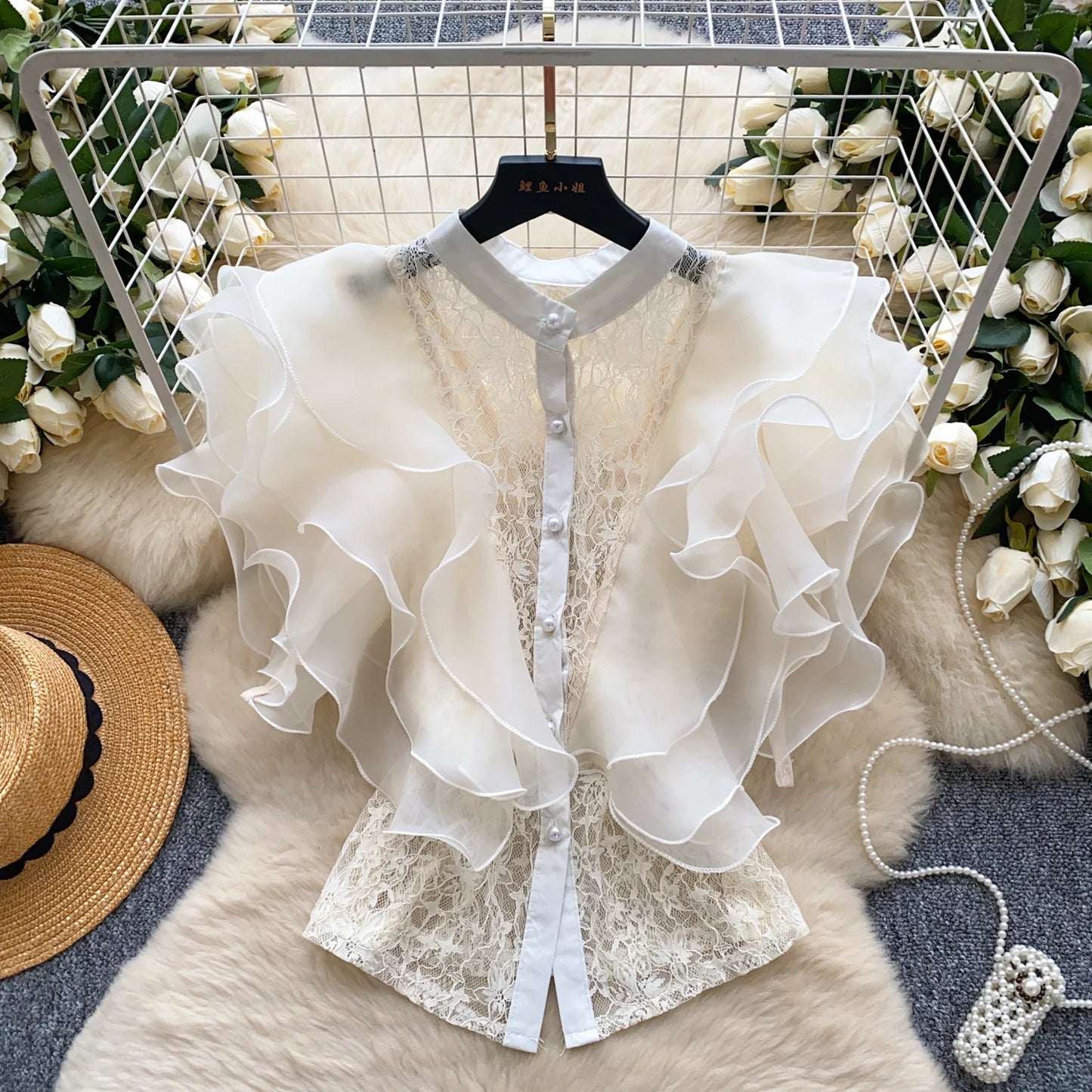 Ruffle Blouses Women French Style Single Breasted Lace Patchwork Shirt Summer Top