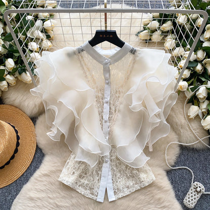 Ruffle Blouses Women French Style Single Breasted Lace Patchwork Shirt Summer Top