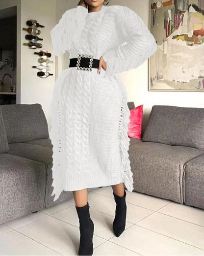Women Long Sleeve Tassel Bodycon Midi Knit Dress O-neck Sweater Dress