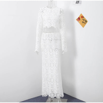 Summer Vacation See Through Crochet Top Women Set Hallow Out Flare Long Sleeve Skirts Set