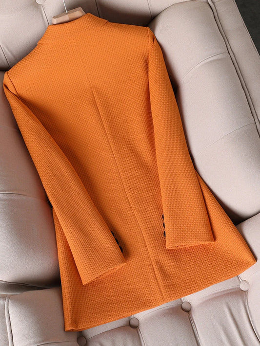 Women Formal Blazer Ladies Female Orange Black Green Plaid Long Sleeve Single Breasted Work Wear Jacket Coat