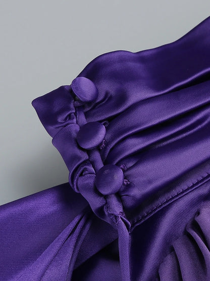 Bridesmaids Neck 3D Flower Backless Long Dress Women Purple Sleeveless Ribbon Draped Maxi Dress