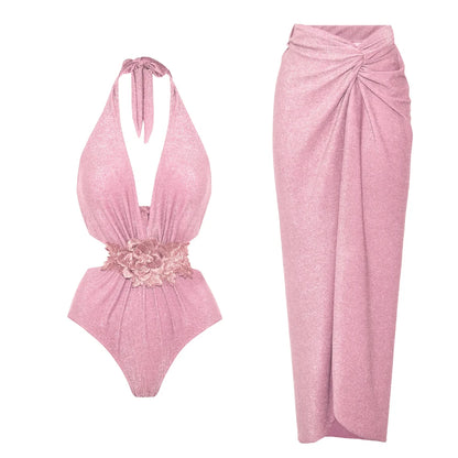 Swimwear Women With Skirt Bathing Suit Summer New Ruffle Splice Print Beachwear Bikini Cover Ups
