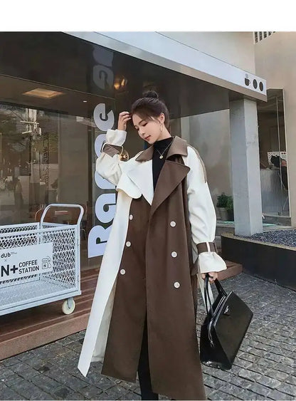 Color Block Trench Coat Double Breasted Patchwork Windbreaker Trench Coat