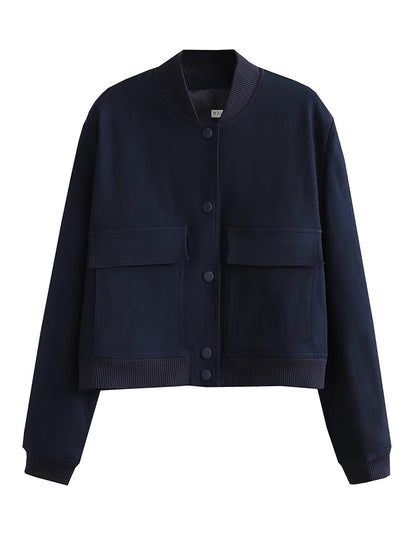Solid Bomber Jackets Coat With Pockets V-Neck Single Breasted Long Sleeves Jacket