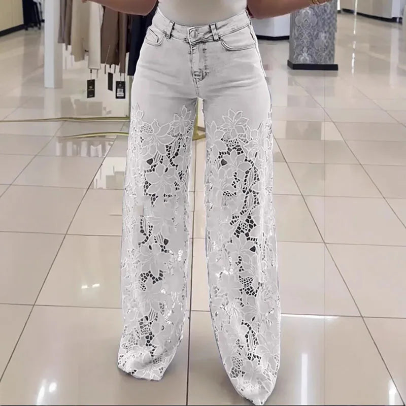 Urban Crochet Denim Women Pants Hollow Out Zippers Pocket Button Female Trousers