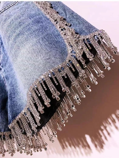 Rhinestones Fringed High Waist Hot Drilling Denim Shorts Diamonds Tassels Jeans Short