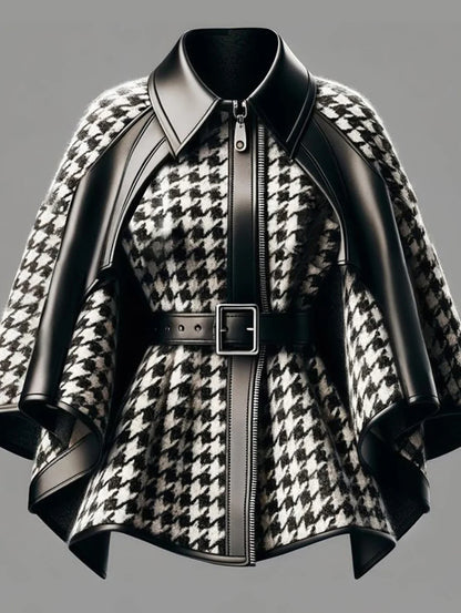 Houndstooth Pattern Women's Jacket Asymmetrical Cape Sleeves Jacket