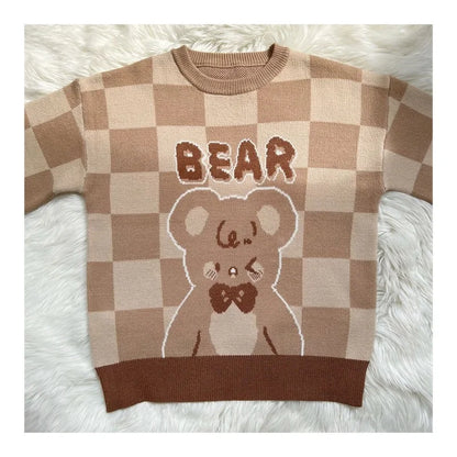 Sweet Bear Jacquard Pattern Sweater Harajuku Women Cute Loose Knitted Pullover