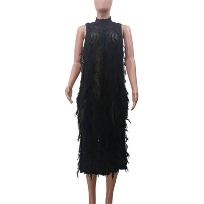 Fur Hollow Out Perspective Midi Dress Women Round Neck Sleeveless Slim Dress