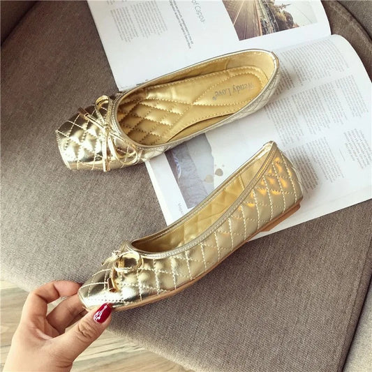 Women Flats Square toe Soft Ladies Shoes Ballet Flats Black Gold Color