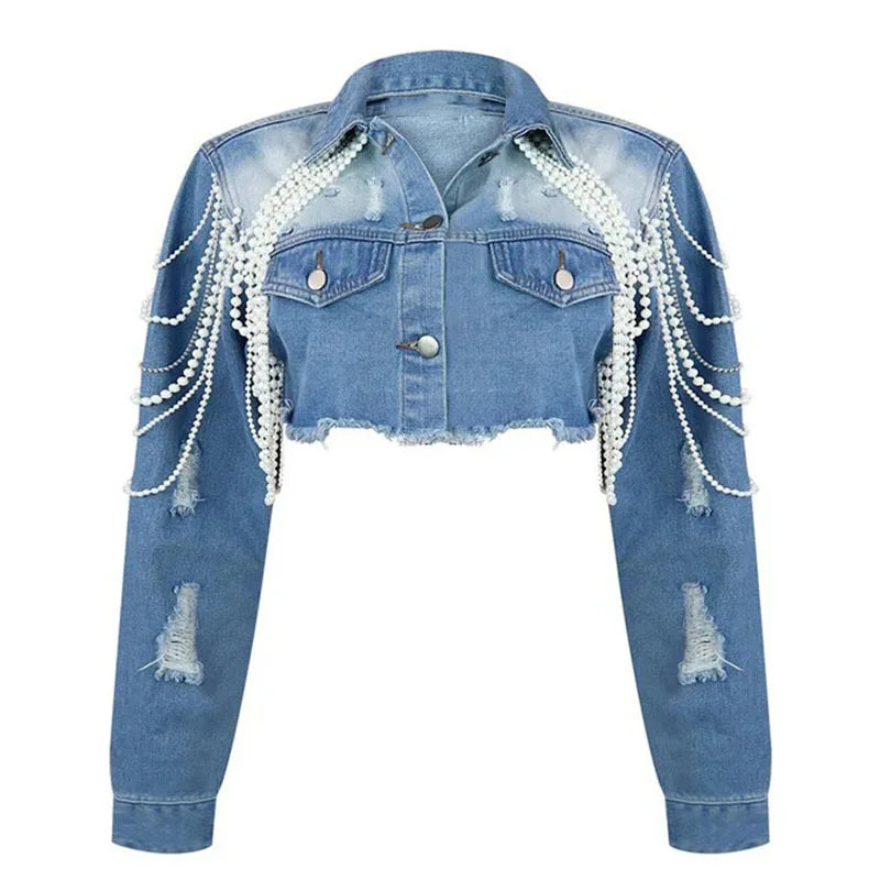 Women's Pearl Chain Handmade Bead Denim Jacket Single-breasted Short Coat Female Trendy Denim Coat