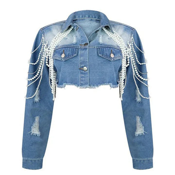 Women's Pearl Chain Handmade Bead Denim Jacket Single-breasted Short Coat Female Trendy Denim Coat