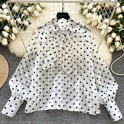 Vintage Polka Dot Tops Puff Sleeve Bow Lace Up Design Blouse