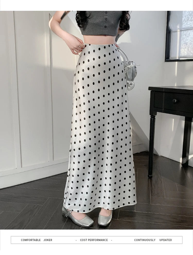 Polka Dot Satin Skirt Women's High Waist Versatile Elegant Dot Long Skirt
