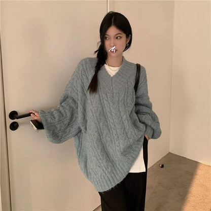Harajuku Women Sweater Cute Oversized Knitted Pullover V Neck Sweater