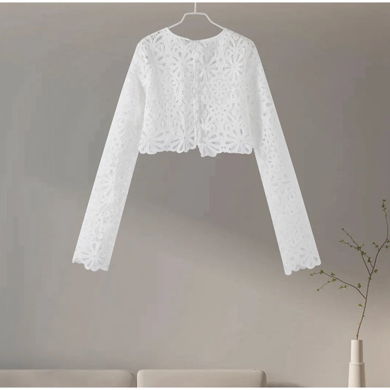 Summer Vacation See Through Crochet Top Women Set Hallow Out Flare Long Sleeve Skirts Set