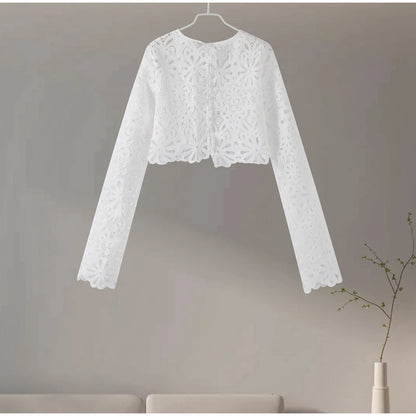 Summer Vacation See Through Crochet Top Women Set Hallow Out Flare Long Sleeve Skirts Set