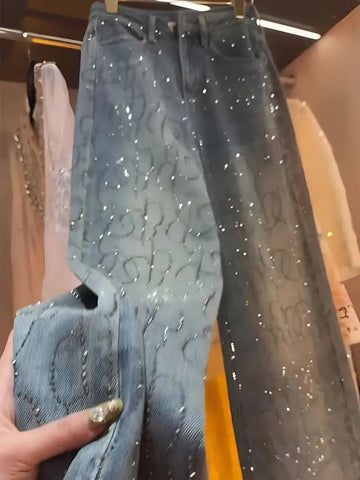 Women's Diamond Shiny High Waist Loose Wide Leg Denim Jeans