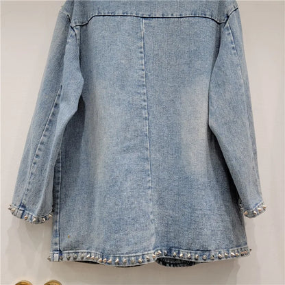 Women Pearls Beaded Denim Jacket Turn Down Collar Jeans Blazers