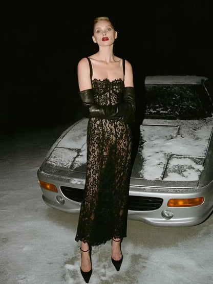 Sexy Spaghetti Strap Square Neck Lace Long Dress Women Black Floral Lace Bodycon Dress