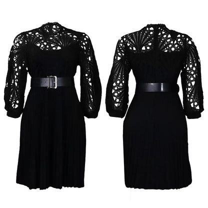 Elegant Dresses for Women O Neck Three Quarter Sleeve Belt Waisted Lace Patchwork Knee Length Luxury Female Birthday Party Dress