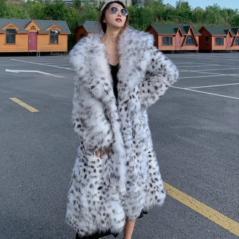 faux fur young leopard-print fur coat long knee-length mink coat