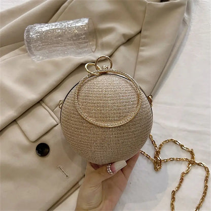 Gold Bright Silk Circular Evening Bag Women Banquet Clutch Rhinestone Chain Shoulder Bags