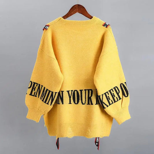 Style Letter Spliced Jumpers Ladies Loose Casual All-match Knitted Pullover Y2k Sweater