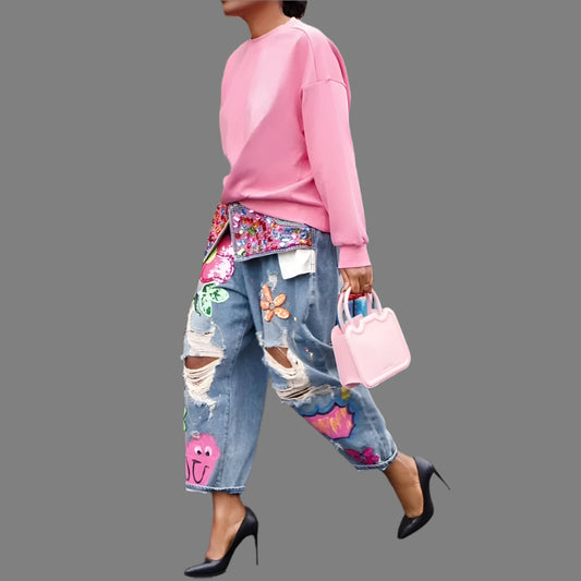 Diamond Splicing Loose Jeans Women High Waist Button Pocket Denim Trousers Casual Female Streetwear