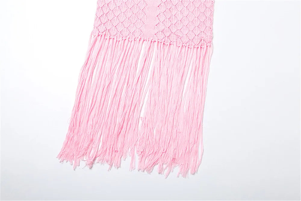 Sexy Deep V Neck Halter Tassel Women Knitted Long Bodycon Dress Maxi Dress