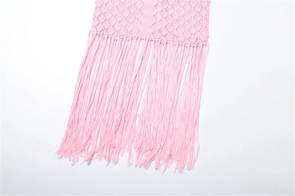 Sexy Deep V Neck Halter Tassel Women Knitted Long Bodycon Dress Maxi Dress