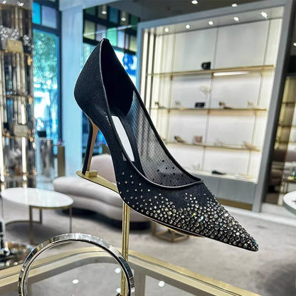 Mesh Pointed Shallow Mouth Sexy Pump Heels Stiletto Shoes Bridal Shoes