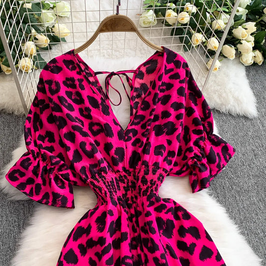 V-Neck Leopard Print Lace-Up Jumpsuit Short Sleeve Loose Playsuit Overalls