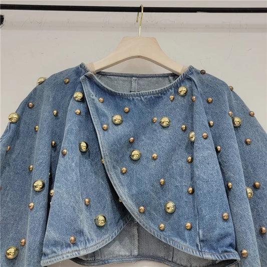 Women Rivets Long Lantern Sleeve Denim Coat Short Pearls Top Bomber Jacket Cowboy Jacket