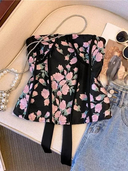 Y2k Bandage Tops Women Print Tunic Backless Vest Fashion Summer Crop Top