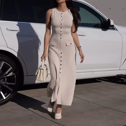 Elegant Knitted Long Dresses Women O Neck Sleeveless Single Breasted Bodycon Midi Dress