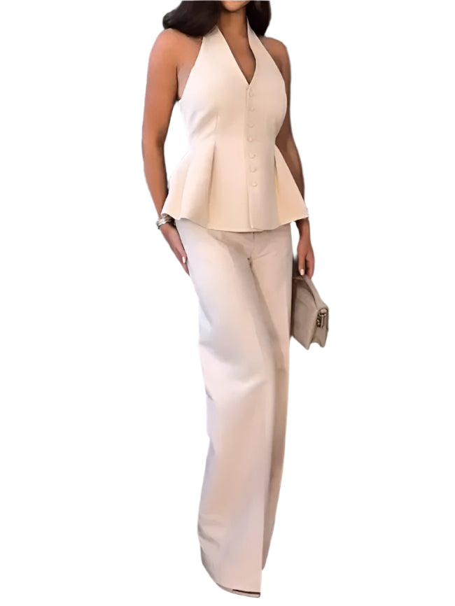 Women's Trouser Suits Sleeveless Halter Top Straight Pants Two Piece  Sets