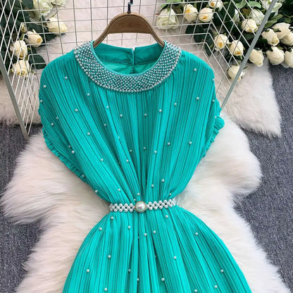 Summer Luxury Pearls Long Chiffon Dress For Women Loose Big Size Short Sleeve Crystal Birthday Evening Midi Pleated Dresses