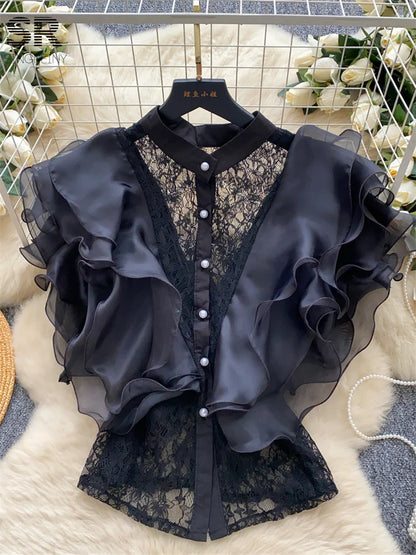 Ruffle Blouses Women French Style Single Breasted Lace Patchwork Shirt Summer Top