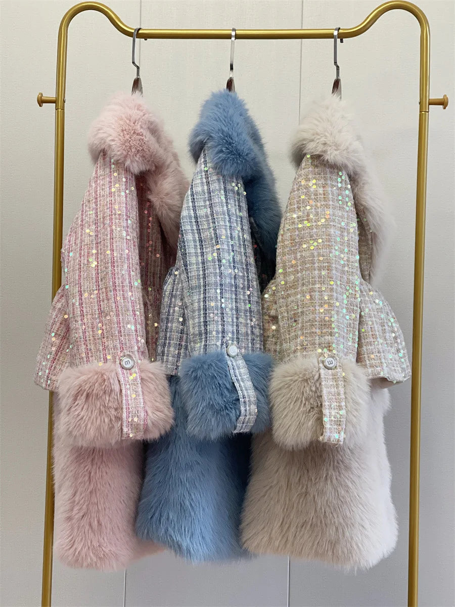 Winter Fur Coat Women Luxury Sequined Wool Faux Fur Long Jacket Fluffy Overcoat