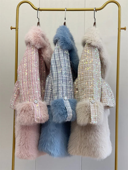 Winter Fur Coat Women Luxury Sequined Wool Faux Fur Long Jacket Fluffy Overcoat