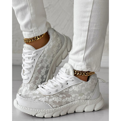 Women Star Pattern Lace-up Breathable Sneakers Daily Casual Round Toe White Sports Shoes Running Shoes