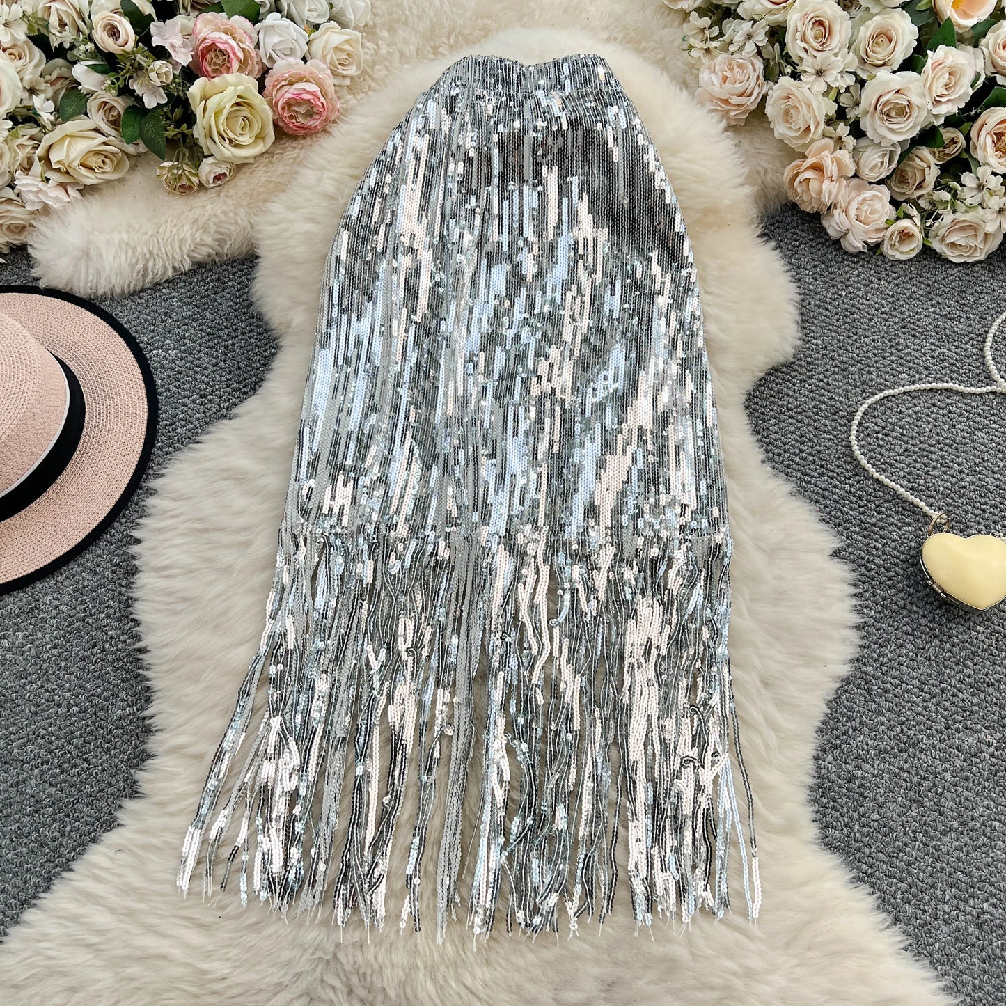 Women Chic Sequin tassel glitter Skirt High Waist Elegant Korean Fashion Skirt