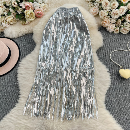 Women Chic Sequin tassel glitter Skirt High Waist Elegant Korean Fashion Skirt