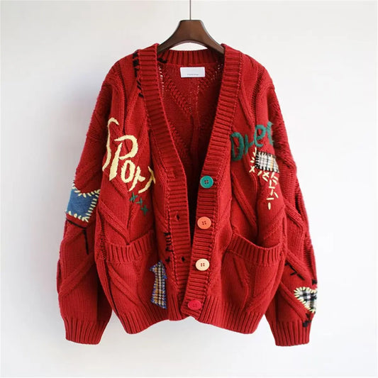 Embroidery Knitted Cardigan Women's Sweater Warm Long Sleeve V Neck Jumpers