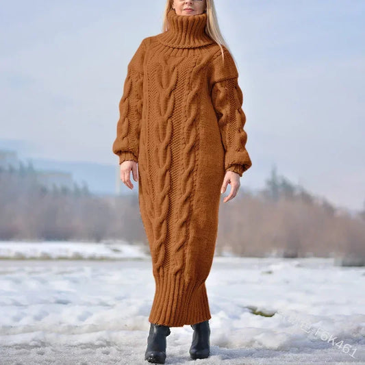 Women's Sweater Dress High Neck Turtleneck Pullover Twisted Loose Knitted Sweater Maxi Dress