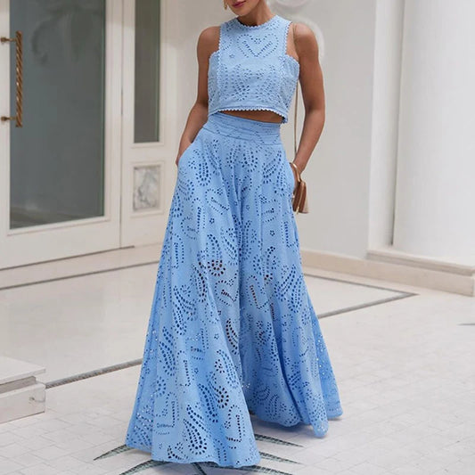 Women Maxi  Skirt Set Vest Top + Maxi Skirt Embroidery Set